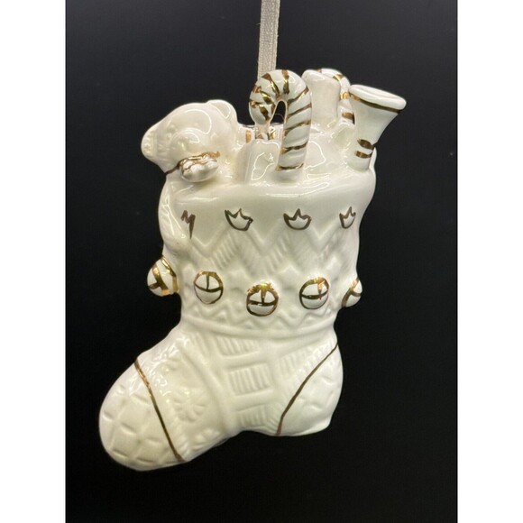 White Porcelain Christmas Stocking Ornament With Gold Accents - Picture 1 of 6